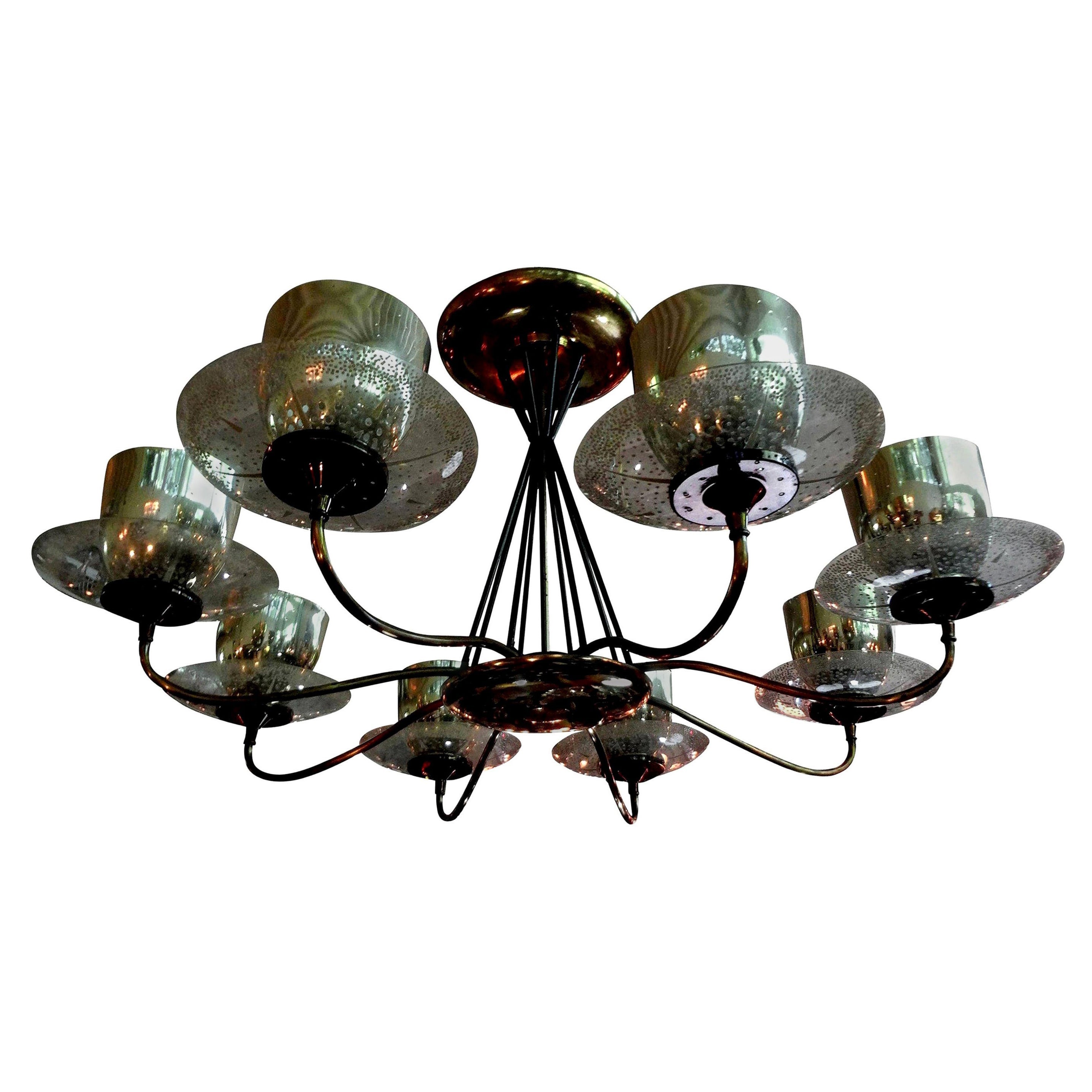Large Gerald Thurston for Lightolier Brass, Iron and Glass Chandelier For Sale