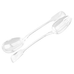 George Adams Victorian 1860s Sterling Silver Fiddle Pattern Salad Servers