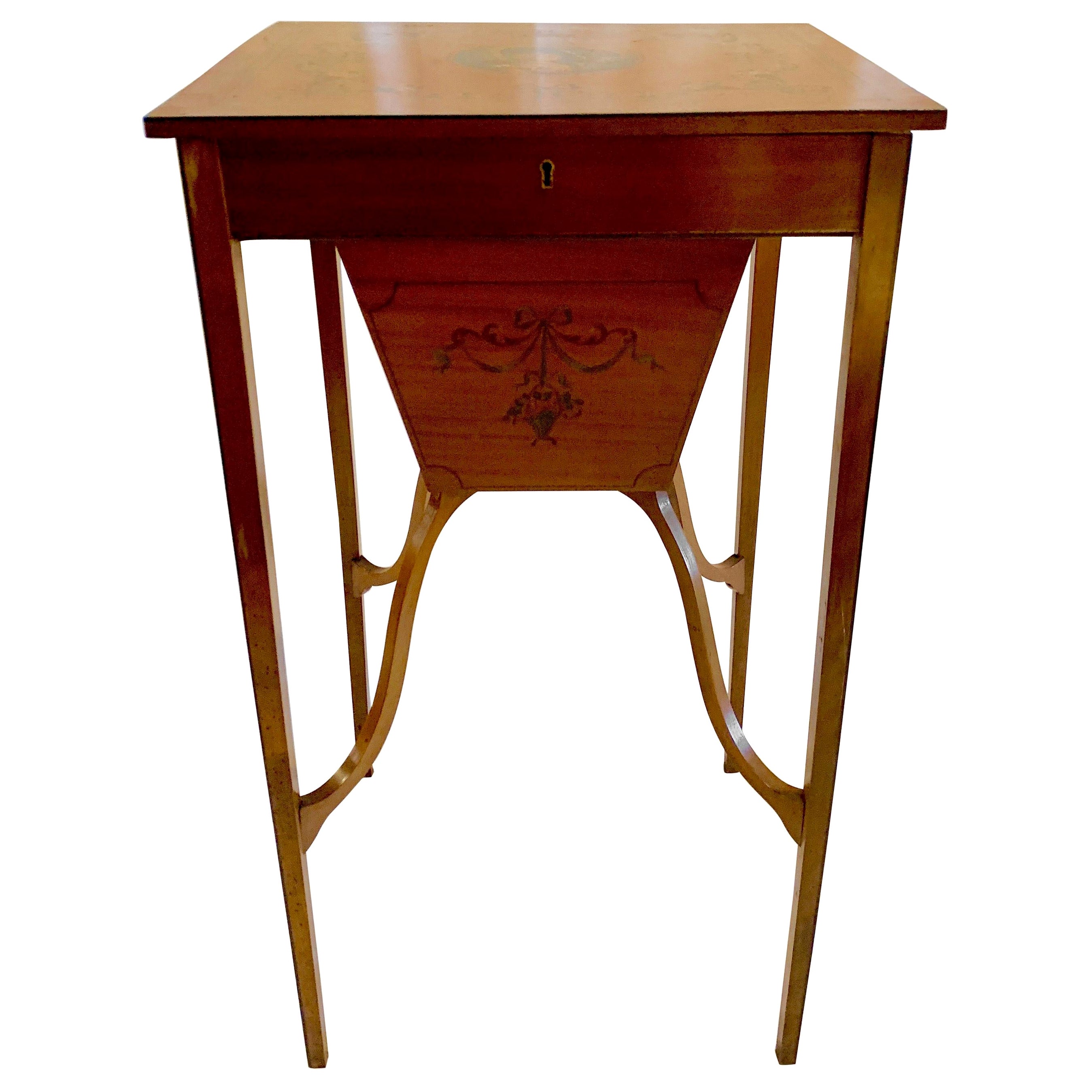 Antique English Satinwood Sewing Table Delicately Painted, circa 1870-1880