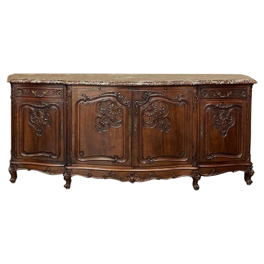 Antique French Louis XV Buffet Serpentina con Tapa de Mármol de Nogal