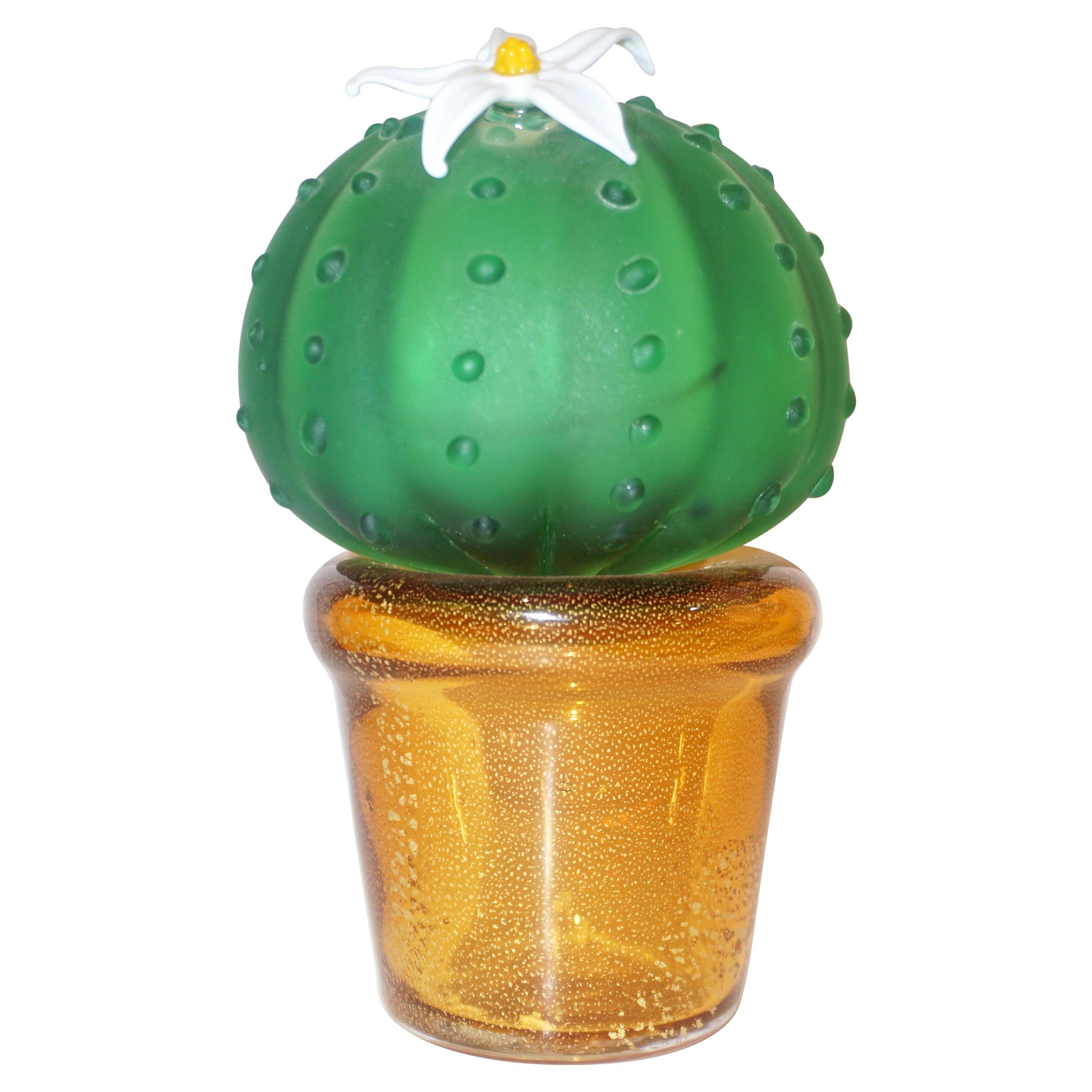 Formia 1990s Vintage Italian Green Murano Glass Cactus Plant with White Flower For Sale