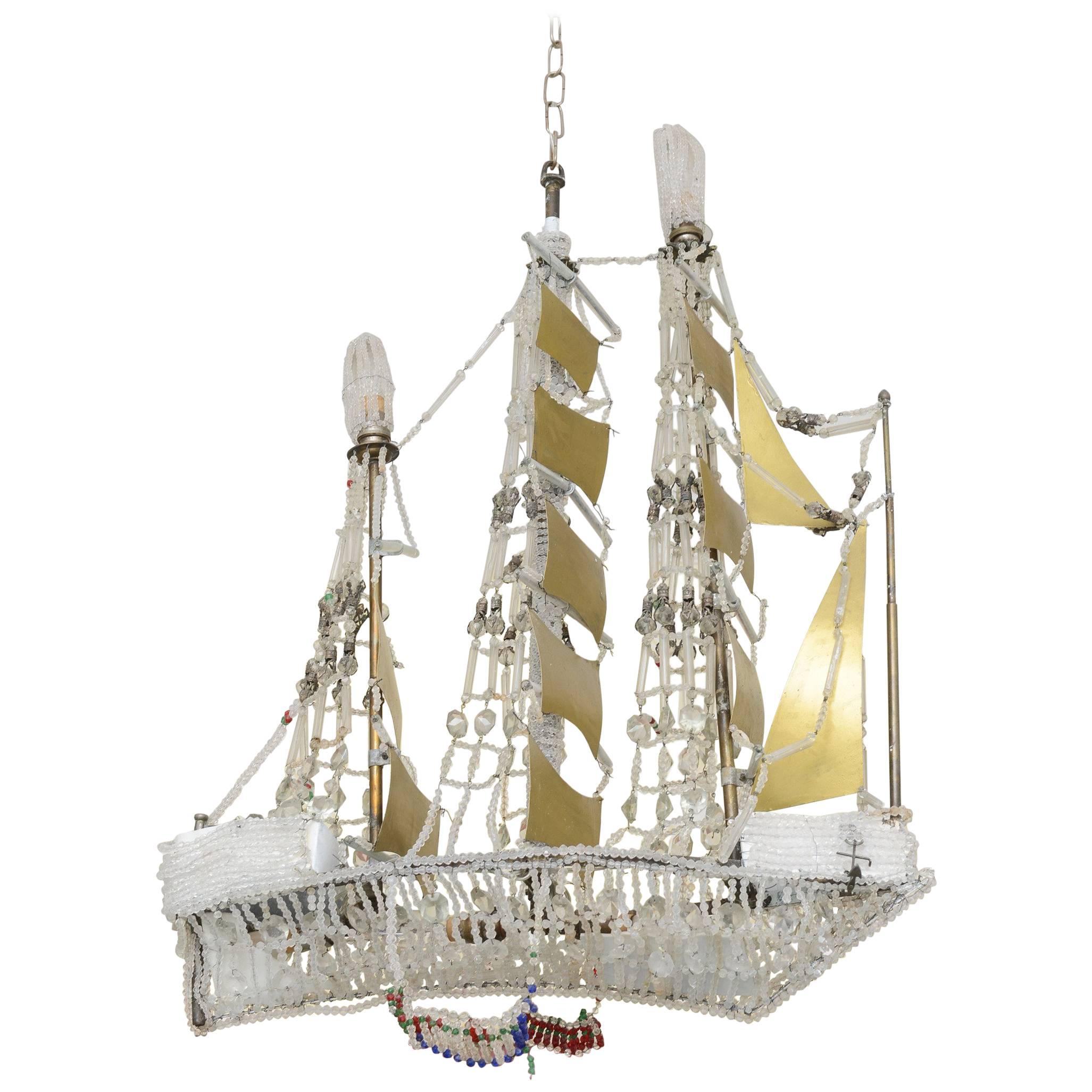Crystal-Beaded and Brass Galleon Ship Chandelier
