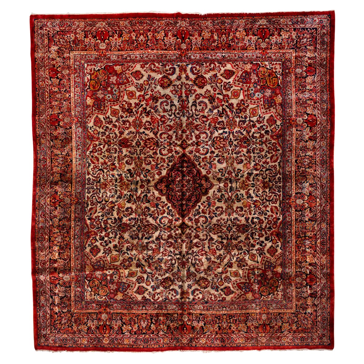 Rara y Fina Alfombra Persa Antigua Sarouk, Campo de Marfil, circa 1940s