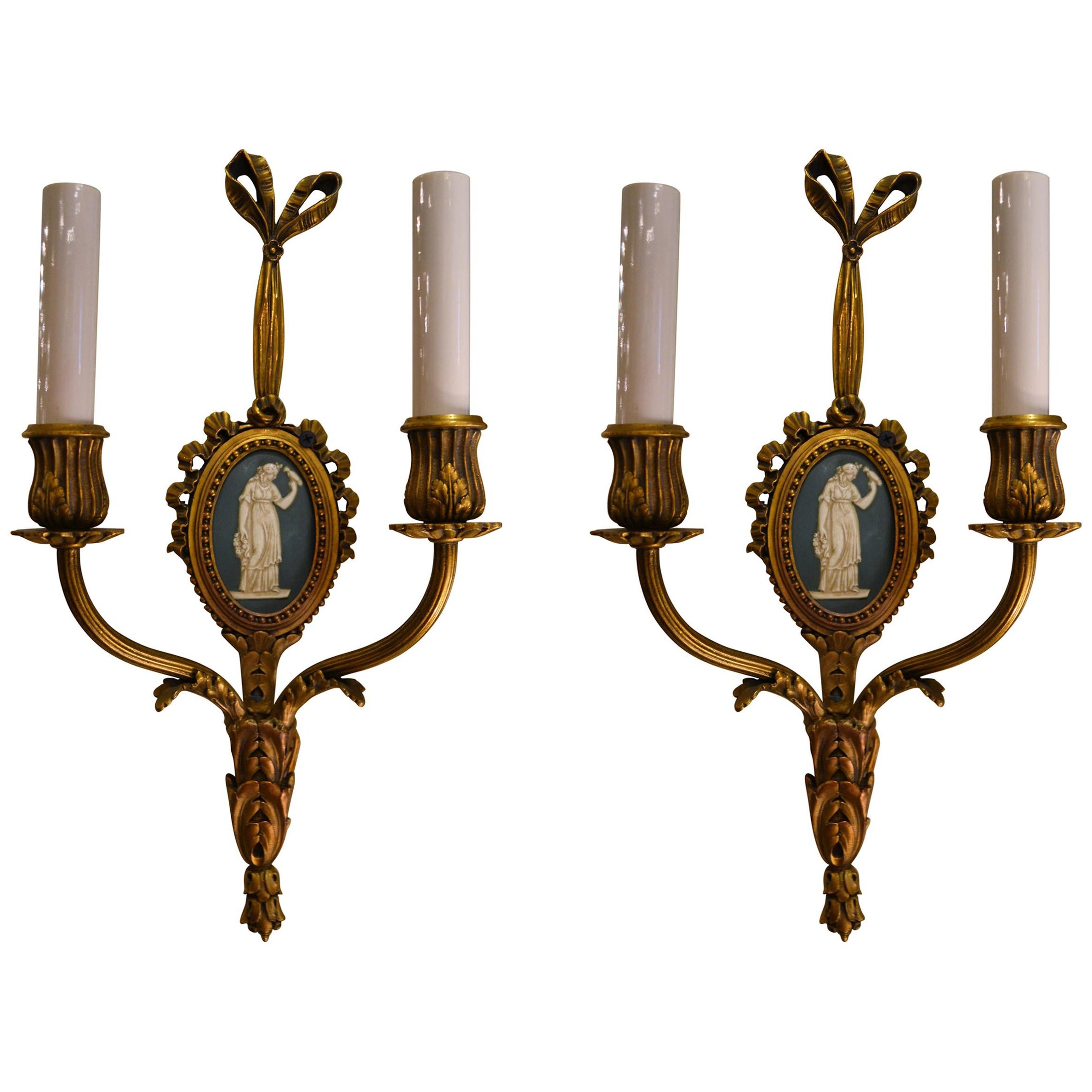 Pair of Elegant Antique French Bronze Wall Sconces with Plaque Inserts For Sale