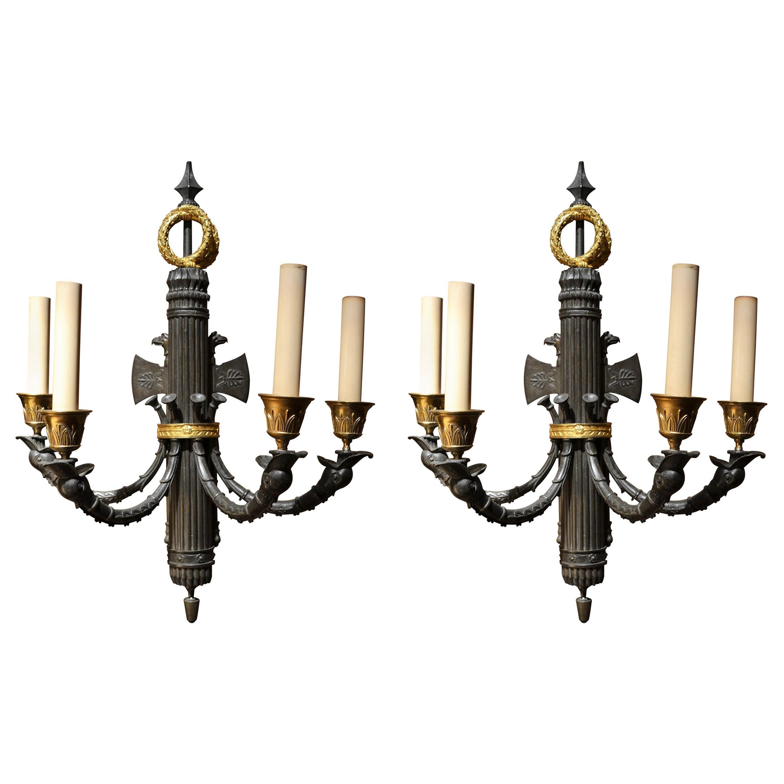 Pair of Antique French Empire Gold and Patinated Bronze Sconces For Sale