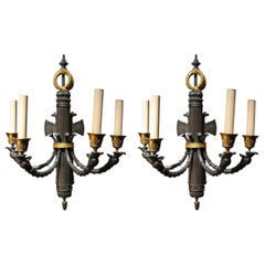 Pair of Antique French Empire Gold and Patinated Bronze Sconces