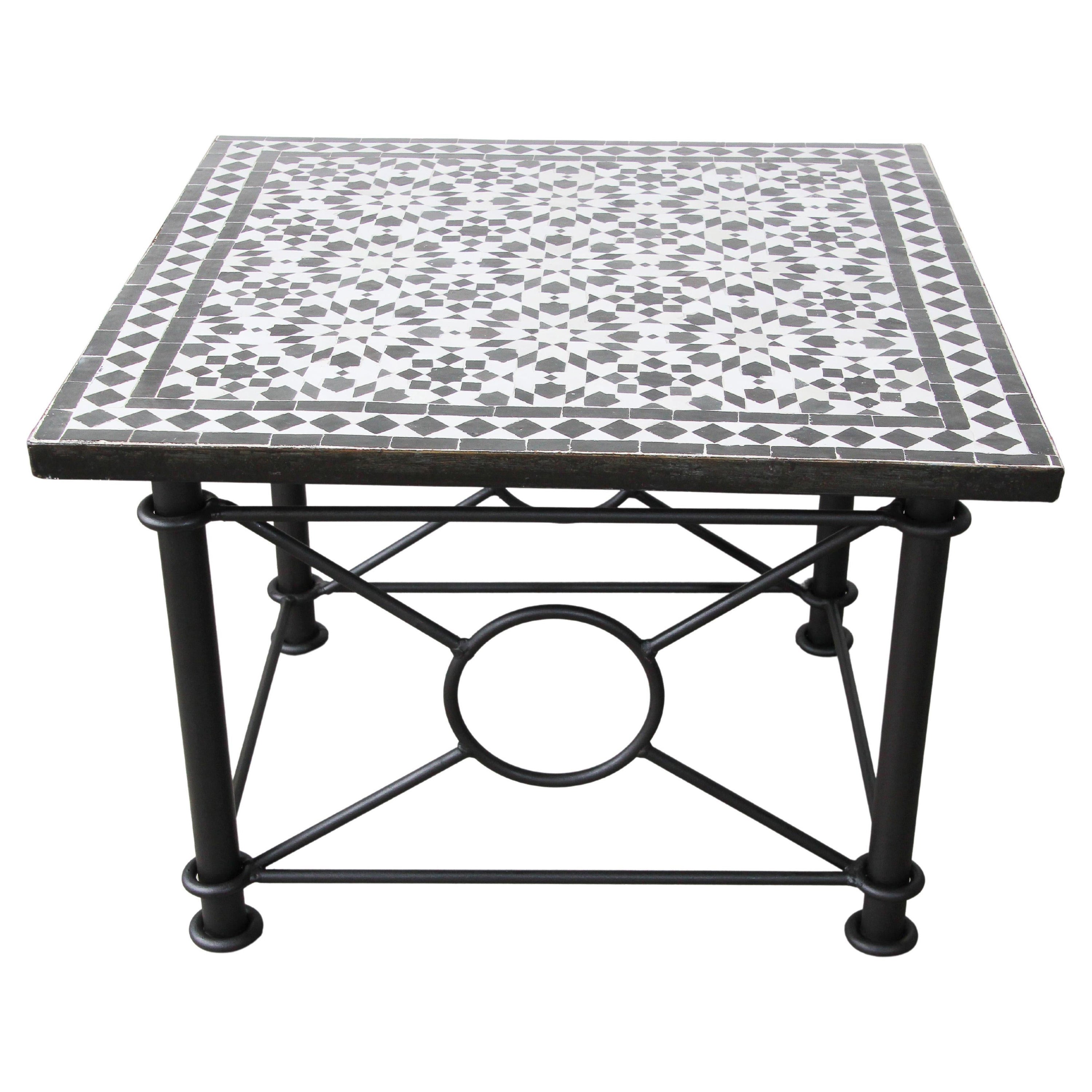 Moroccan Fez Mosaic Tile Coffee Table in Black and White For Sale