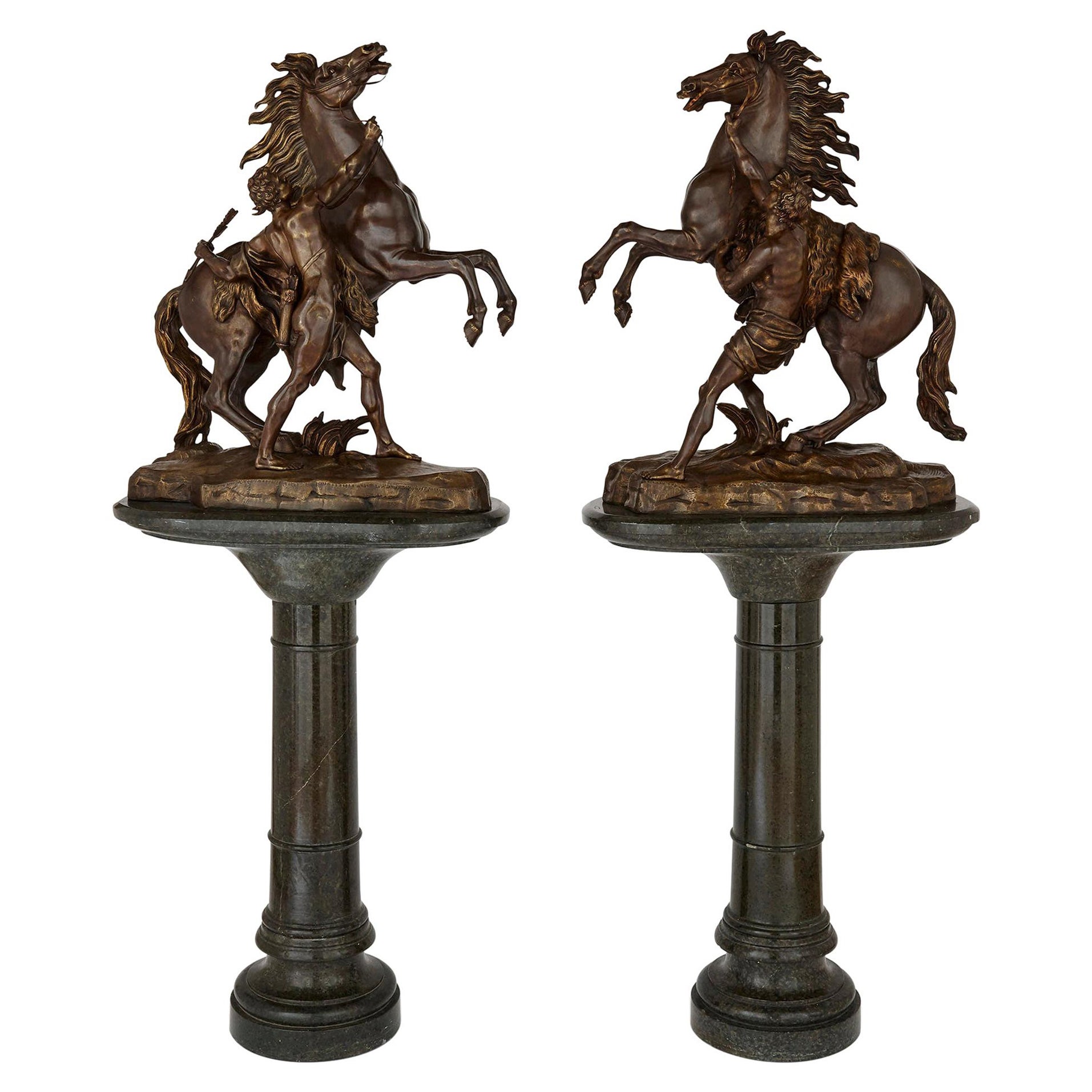 Pair of Very Large Patinated Bronze Marly Horses with Marble Pedestals For Sale