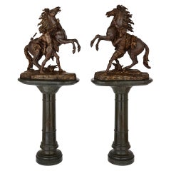 Pair of Very Large Patinated Bronze Marly Horses with Marble Pedestals