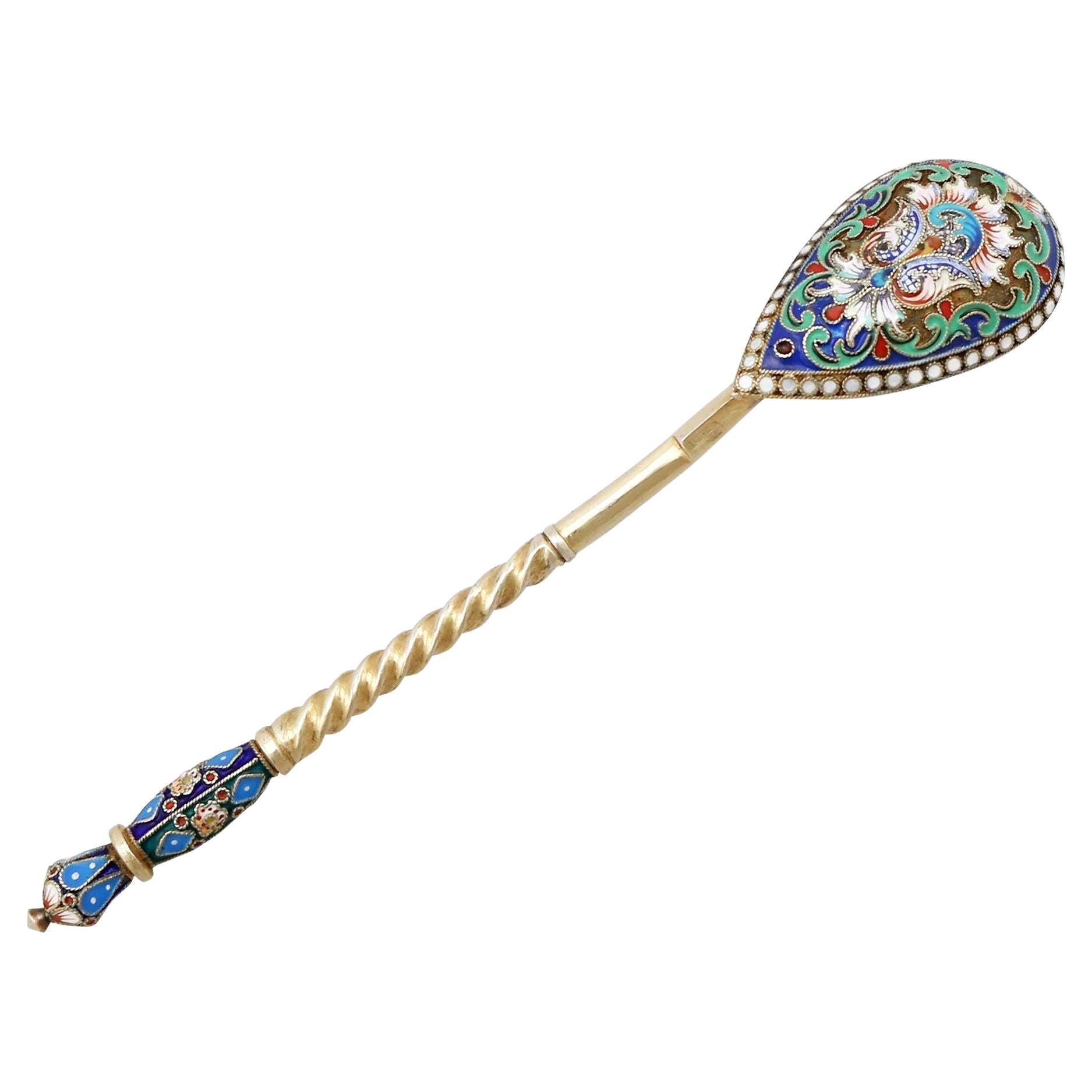 Antique Polychrome Cloisonné Enamel and Russian Silver Gilt Spoon, circa 1915