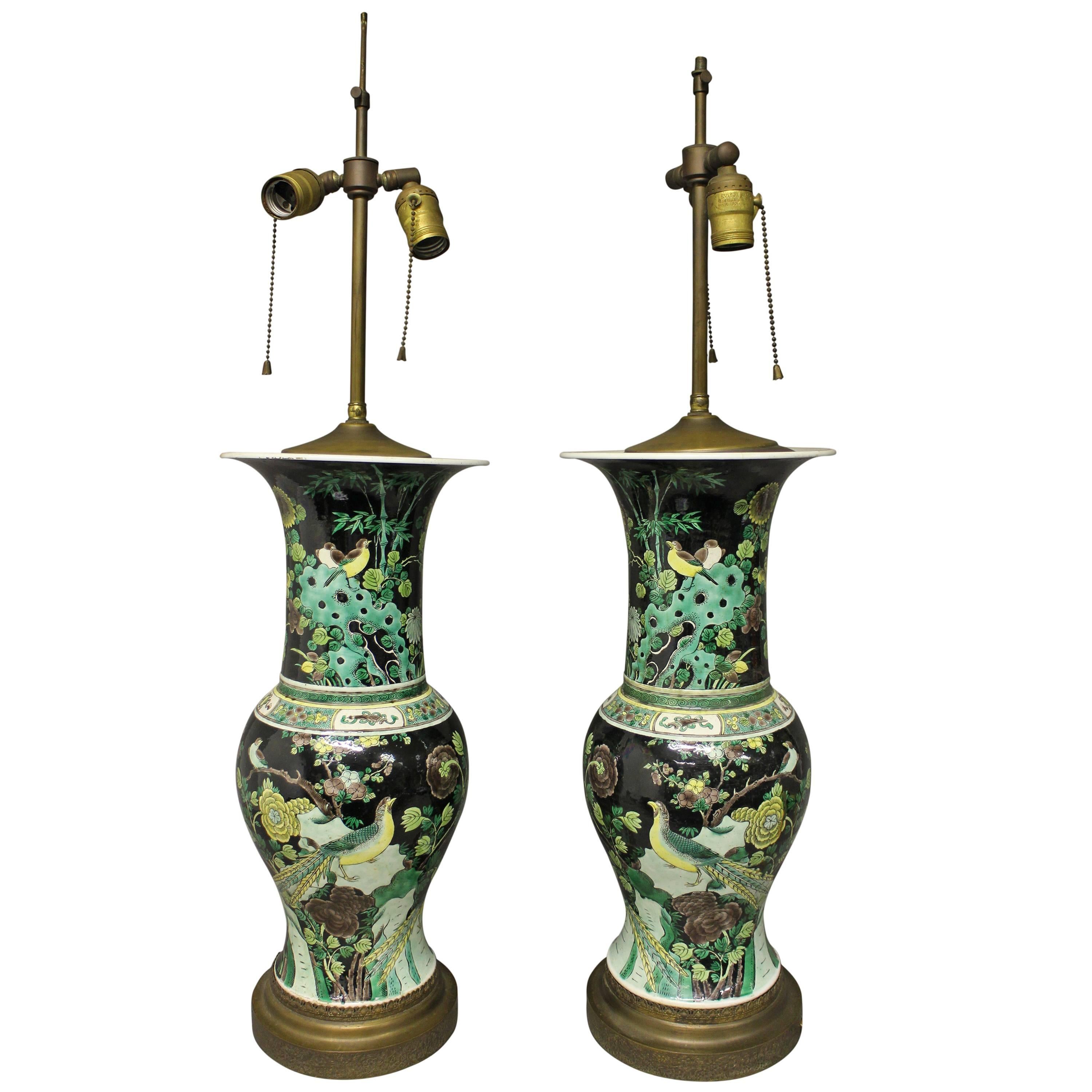 Pair of Chinese Famille Nior Lamps For Sale