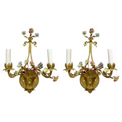 Pair of Antique French Bronze Doré Sconces with Porcelain Flowers