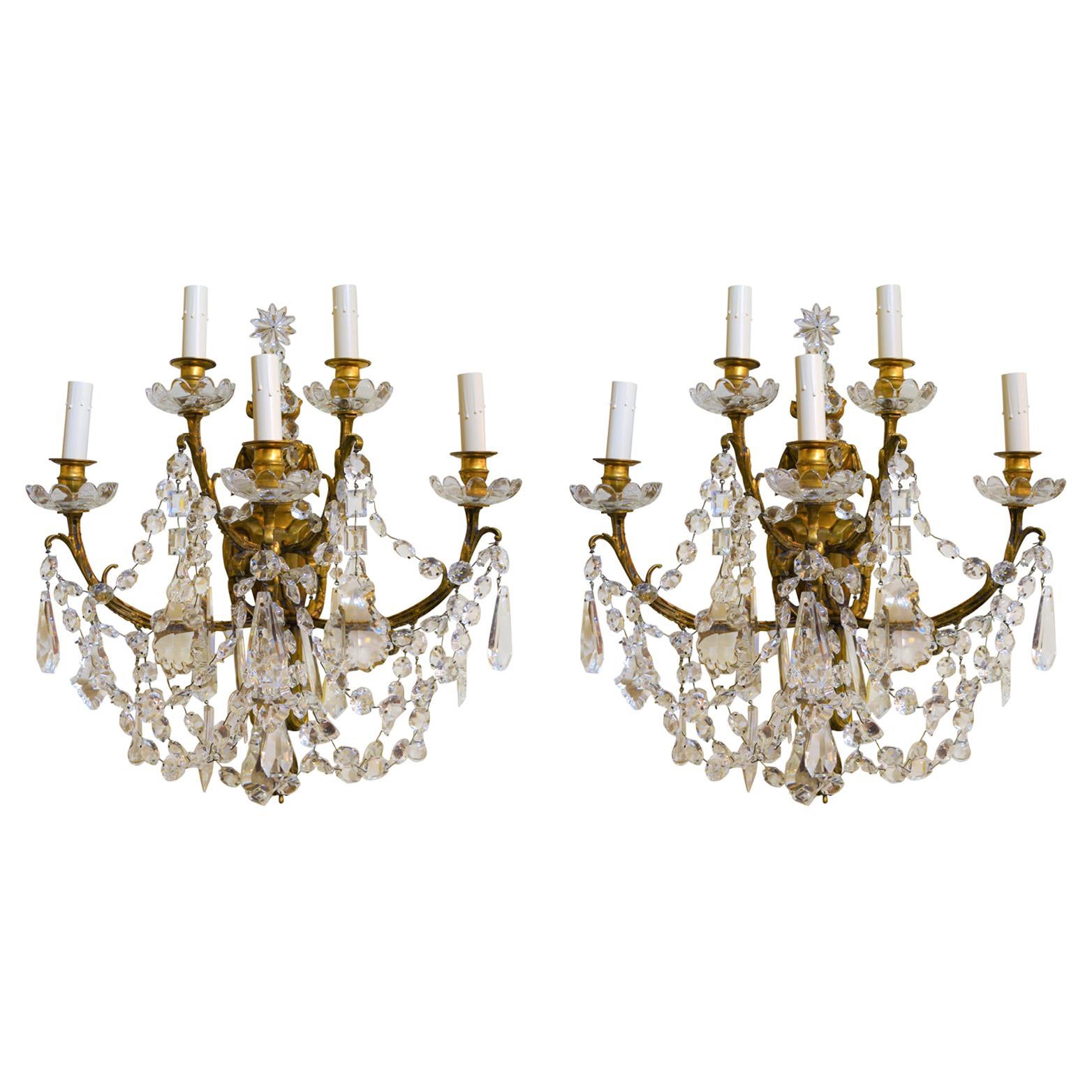 Pair of Antique French Crystal and Bronze Five Light Sconces For Sale