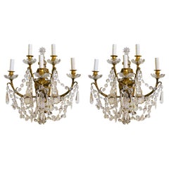Pair of Antique French Crystal and Bronze Five Light Sconces
