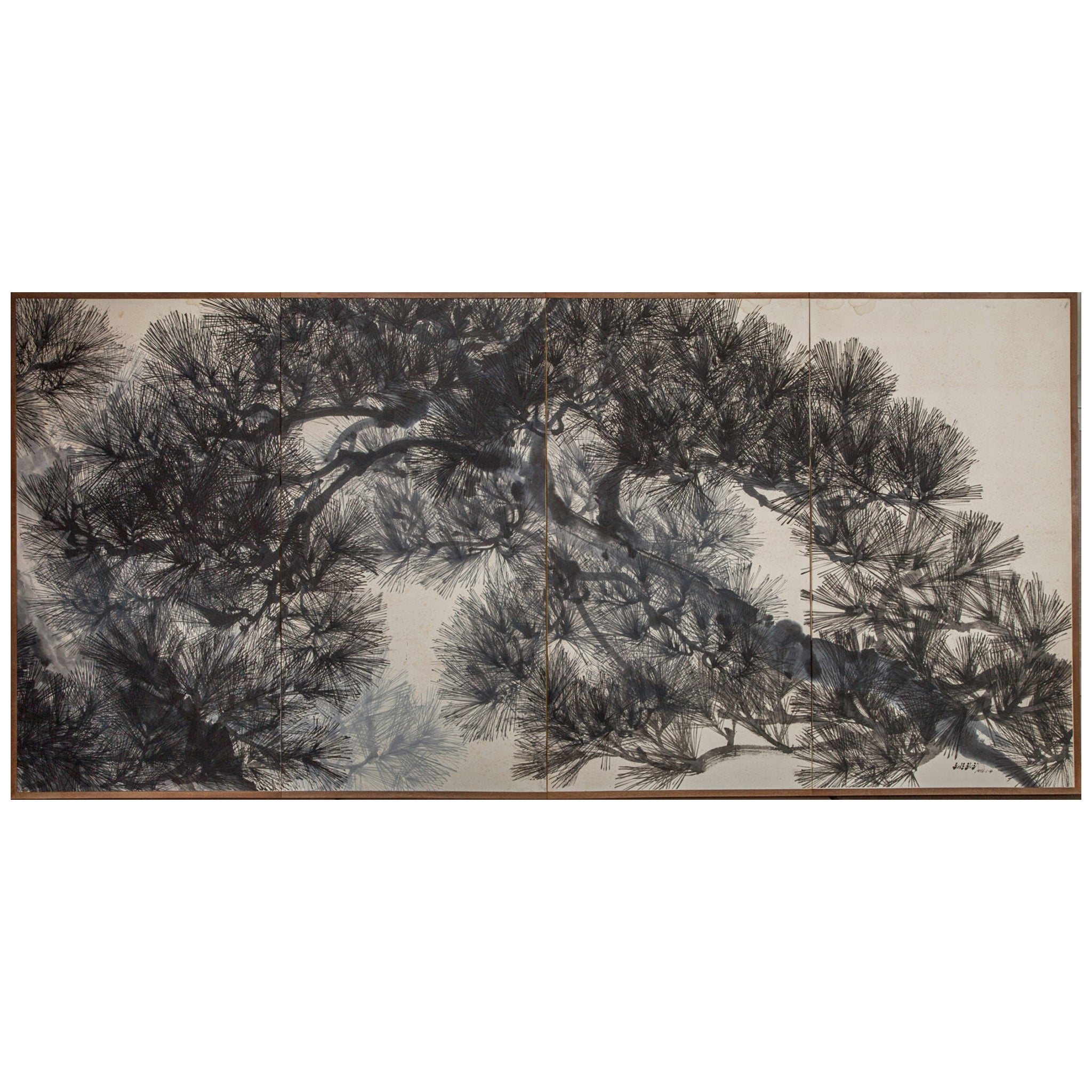 Japanese Screen Painting, Circa 1900, Pine Tree and Plovers by