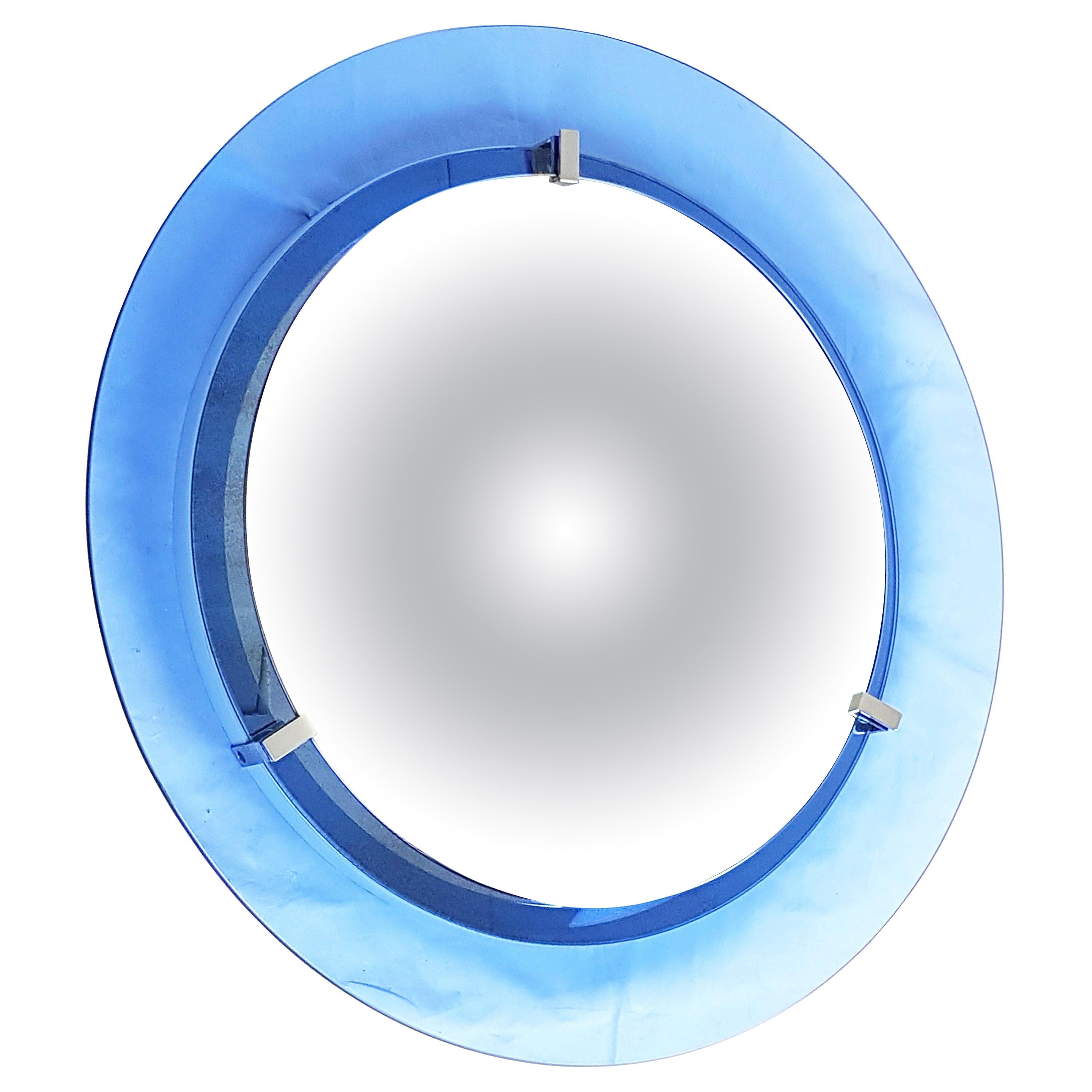 Blue Convex Glass and Chrome-Plated Metal Round Mirror by Veca For Sale