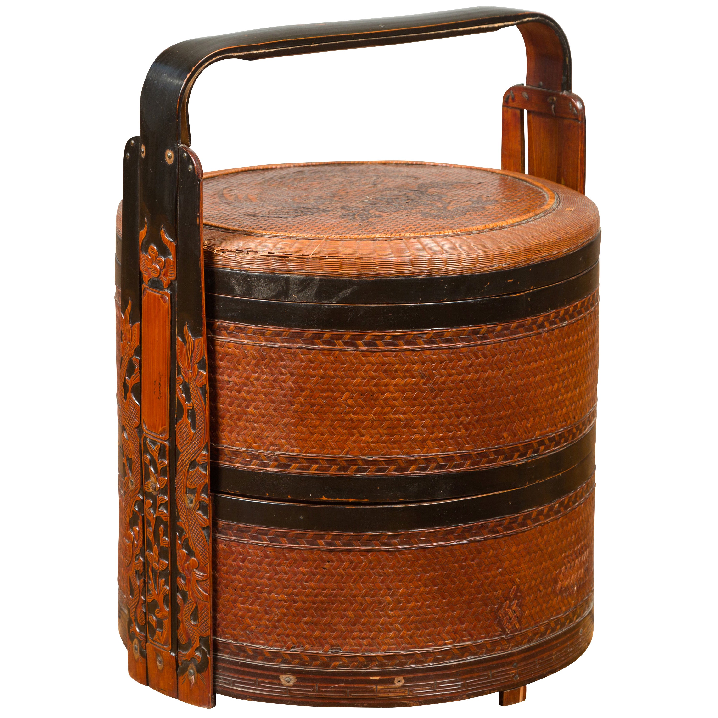 Chinese Vintage TwoTiered Bamboo and Rattan Lunch Basket with Large