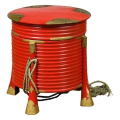 Japanese Taishō Red Lacquered Hokai Box with Brass Accents and Original Rope