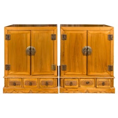 Antique Pair of Chinese Qing Dynasty Carved Yumu Wood Cabinets with Doors and Drawers