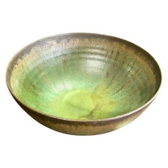 Otto and Gertrud Natzler Signed Green Lava Glaze Bowl with Original Paper Label