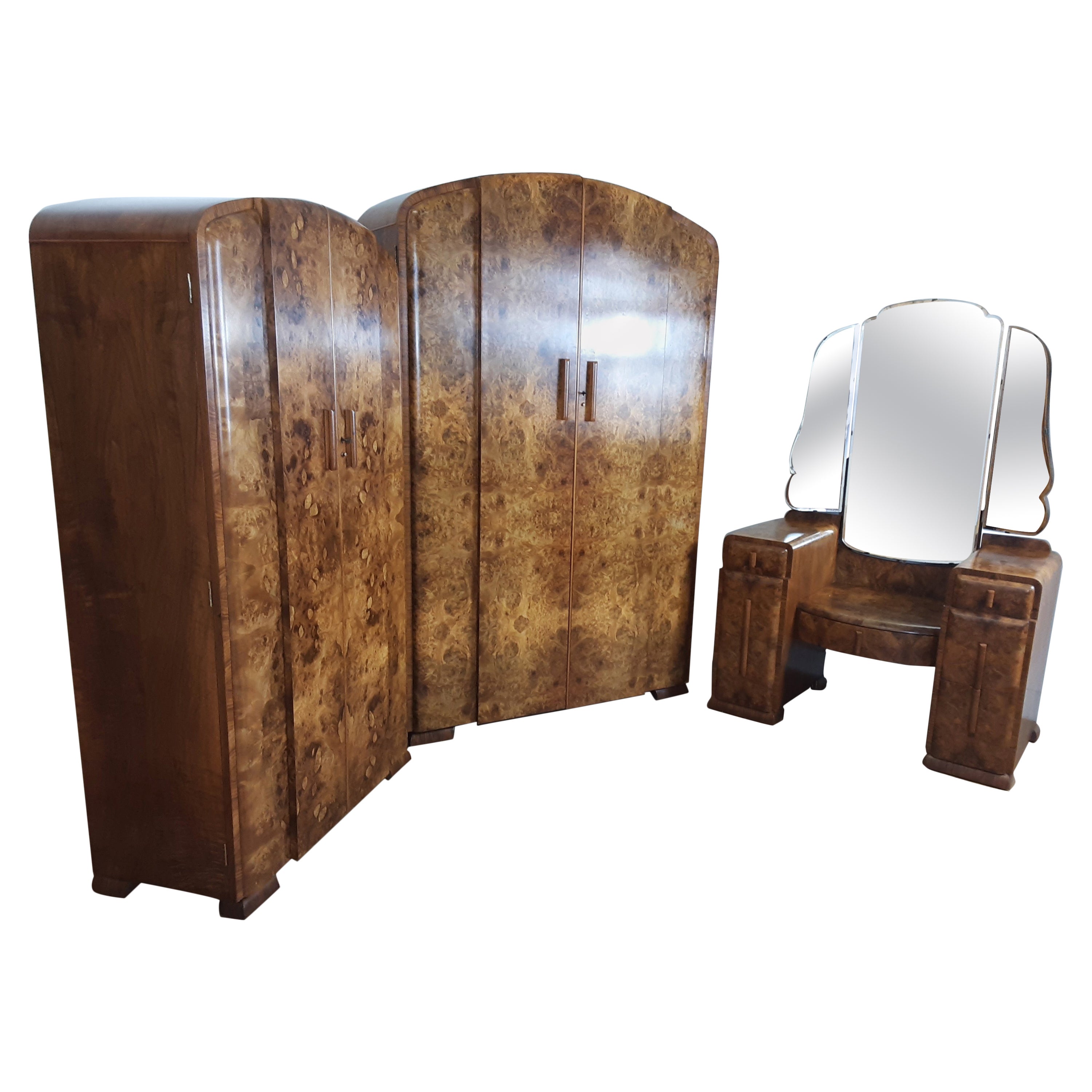 English Art Deco Burr Walnut Bedroom Suite Attributed to H and L