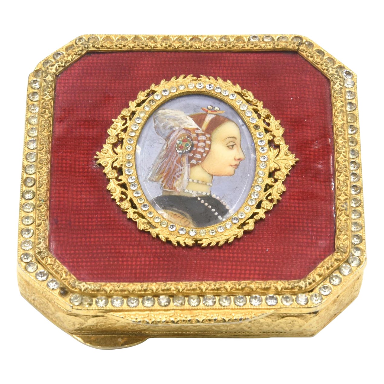 Red Guilloche Enamel Gilt Portrait of Period Lady Compact Powder or Pill Box For Sale