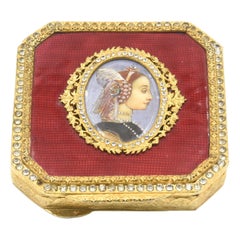 Vintage Red Guilloche Enamel Gilt Portrait of Period Lady Compact Powder or Pill Box