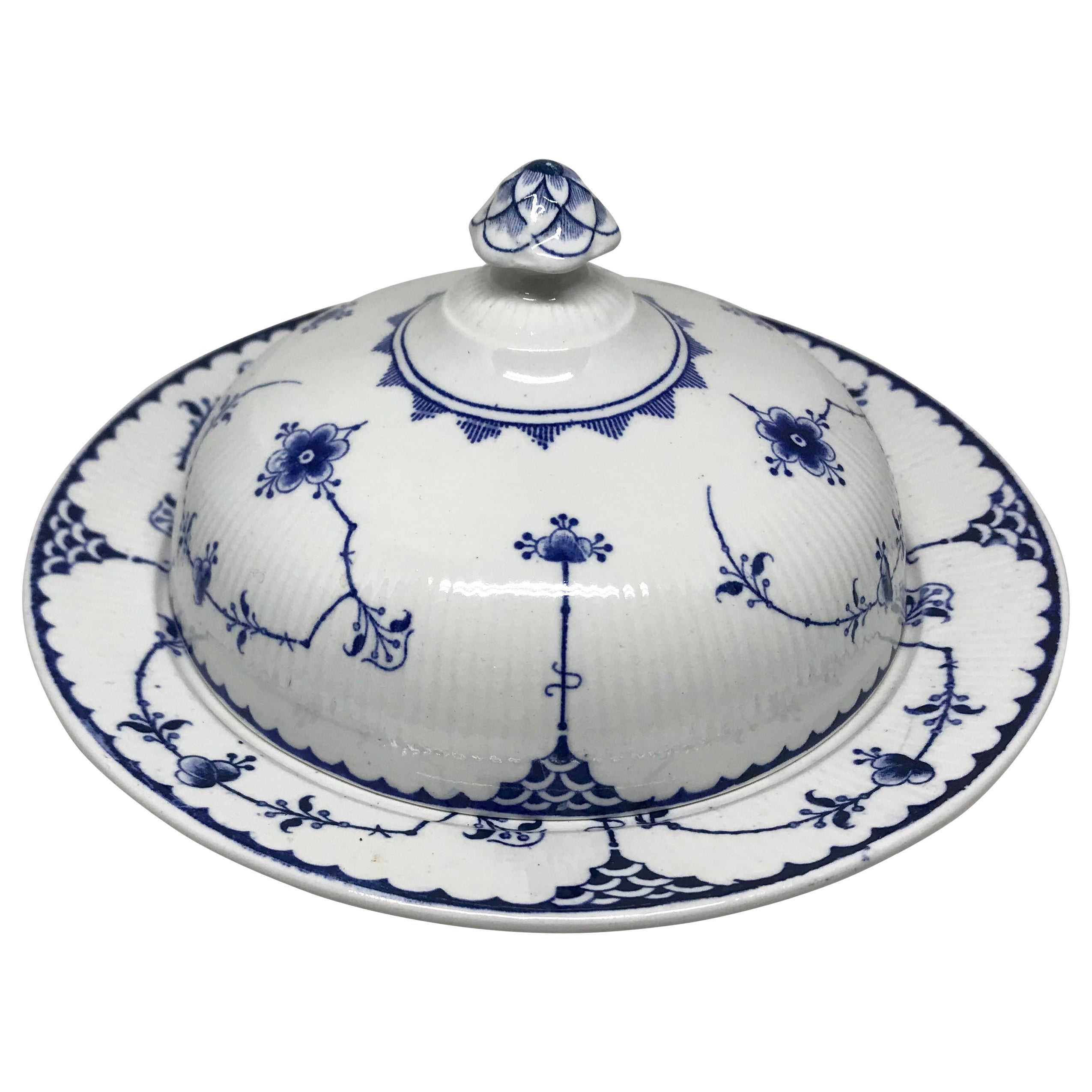 English Blue and White Covered Dish For Sale