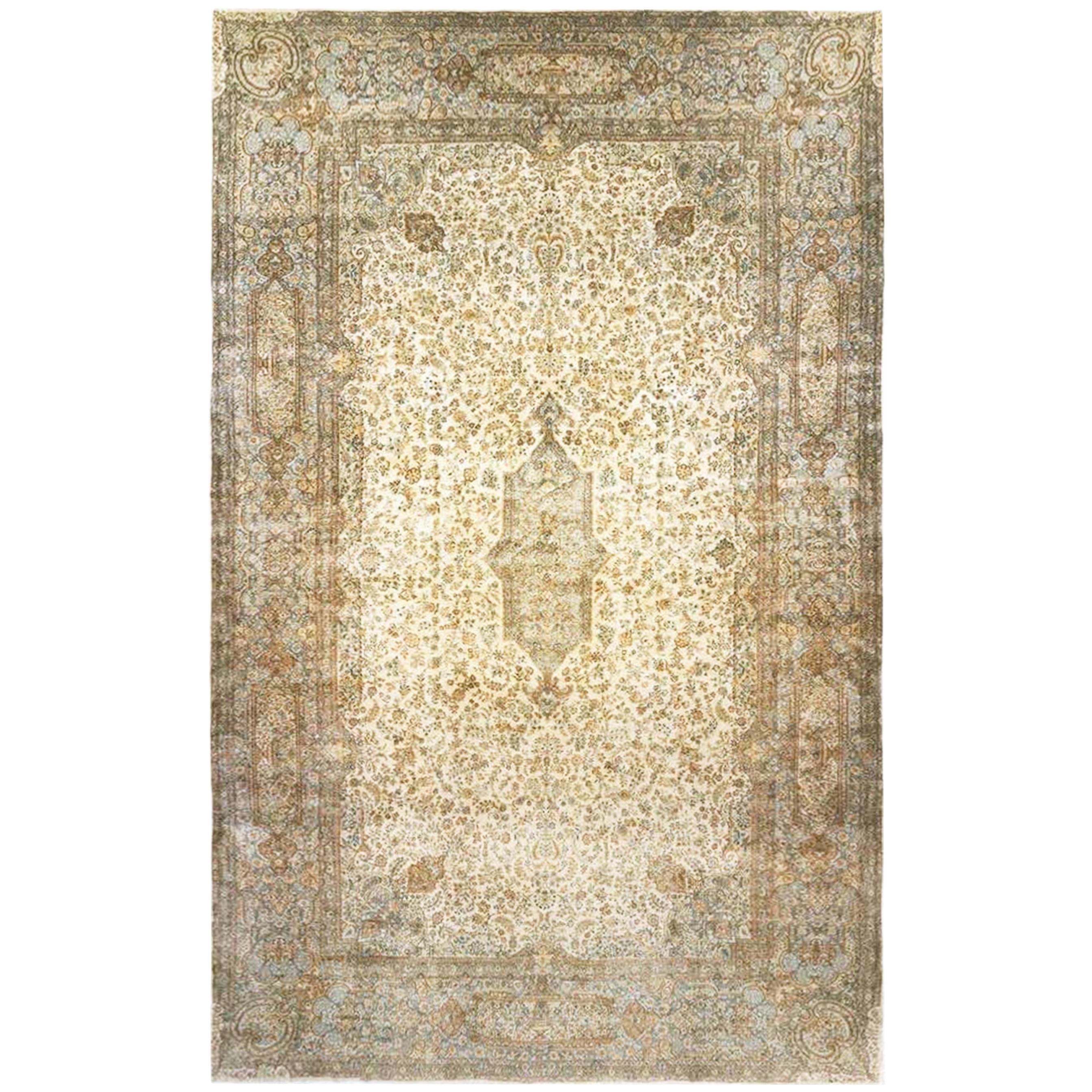 Antique Persian Kerman Carpet, Oversize, Medallion with Ivory Field & Soft Color For Sale