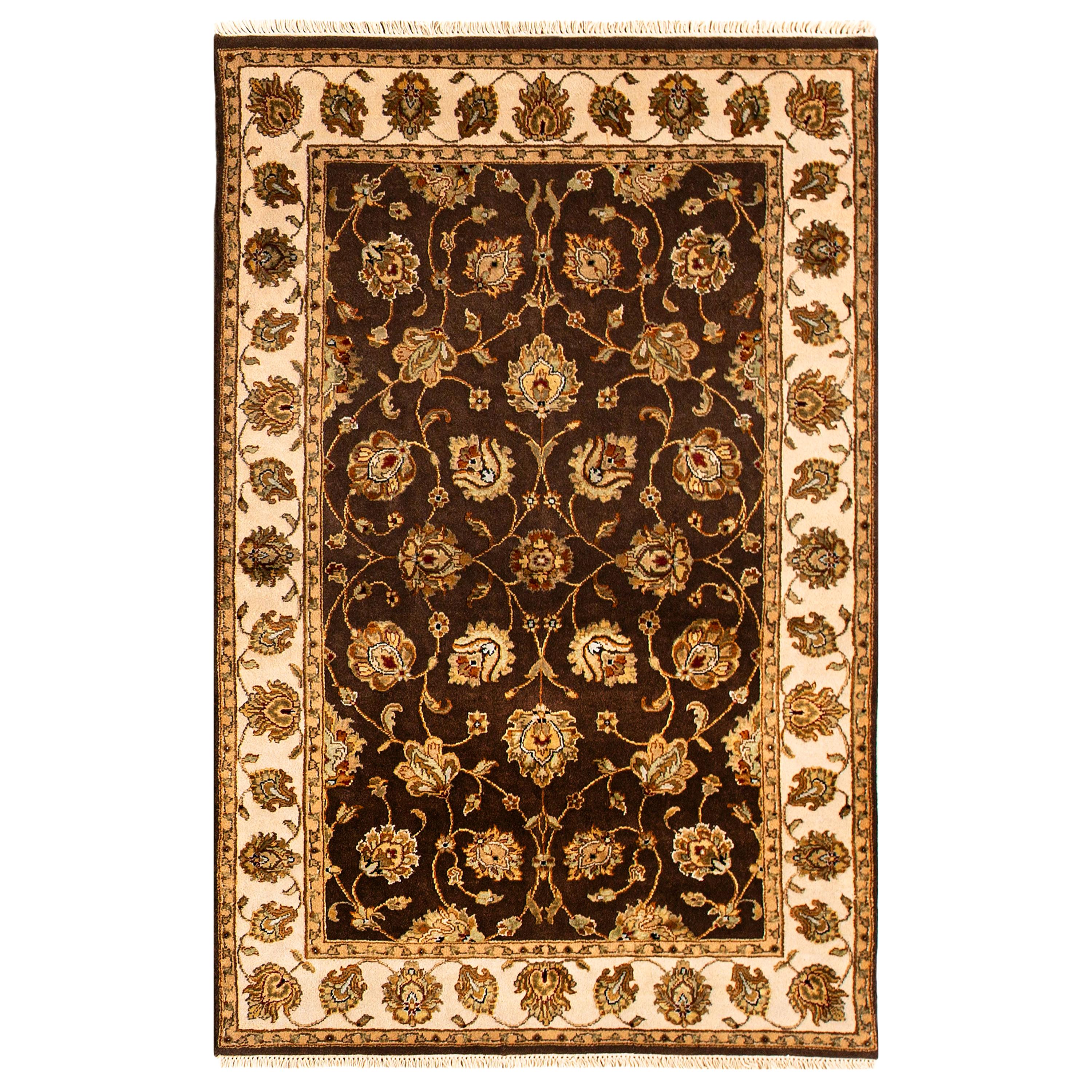 Traditional Handwoven Luxury Wool Brown / Ivory Area Rug 3'11"x6'1" For Sale