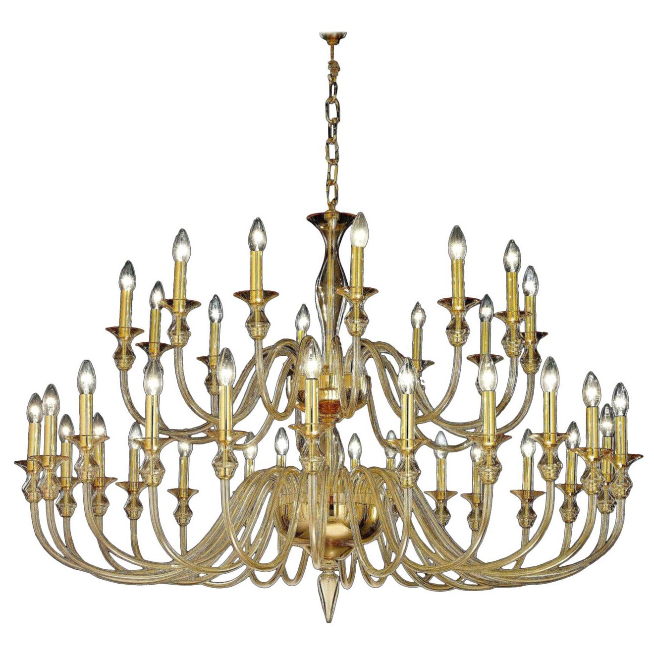 Large, 36-Arm, Clear Amber Murano /Venetian Glass Modern Neoclassical Chandelier For Sale