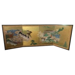Paravent Byobu pliant à quatre panneaux de l'école japonaise de Tosa « Tales of Genji », 1800 Edo