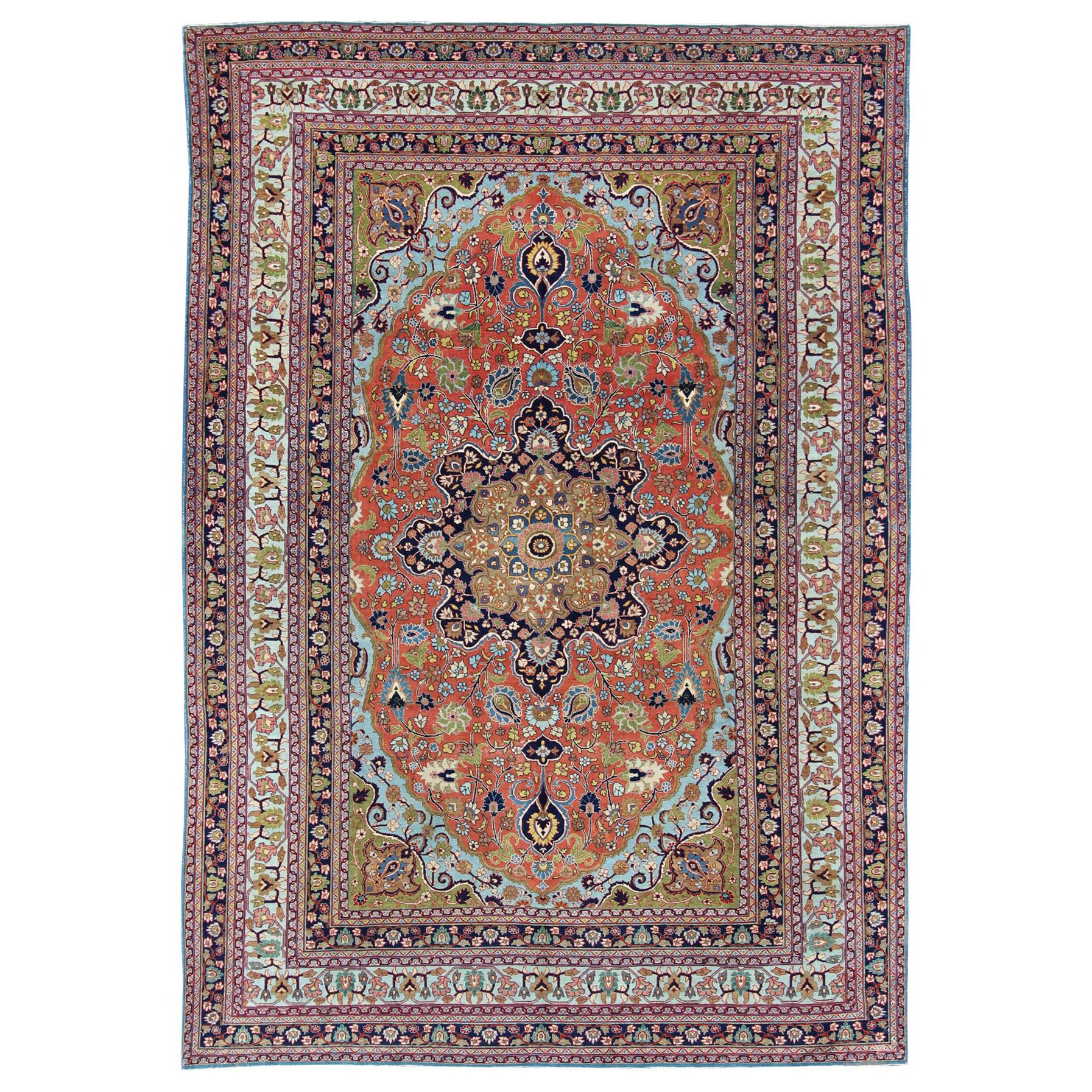 Antique Fine Persian Classic Design Tabriz Rug in Orange, Blue & Multi Colors For Sale