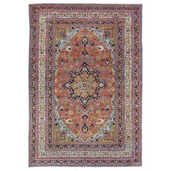 Antique Fine Persian Classic Design Tabriz Rug in Orange, Blue & Multi Colors