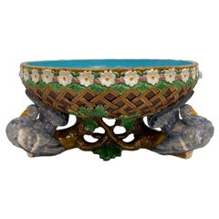Minton Majolica Large Fruit Bowl with Three Pigeons Support, English, Dated 1870
