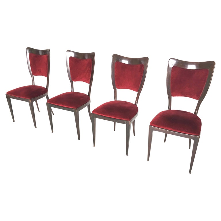 Set of Four Vintage Wood and Crimson Velvet Chairs by Paolo Buffa, Italy For Sale