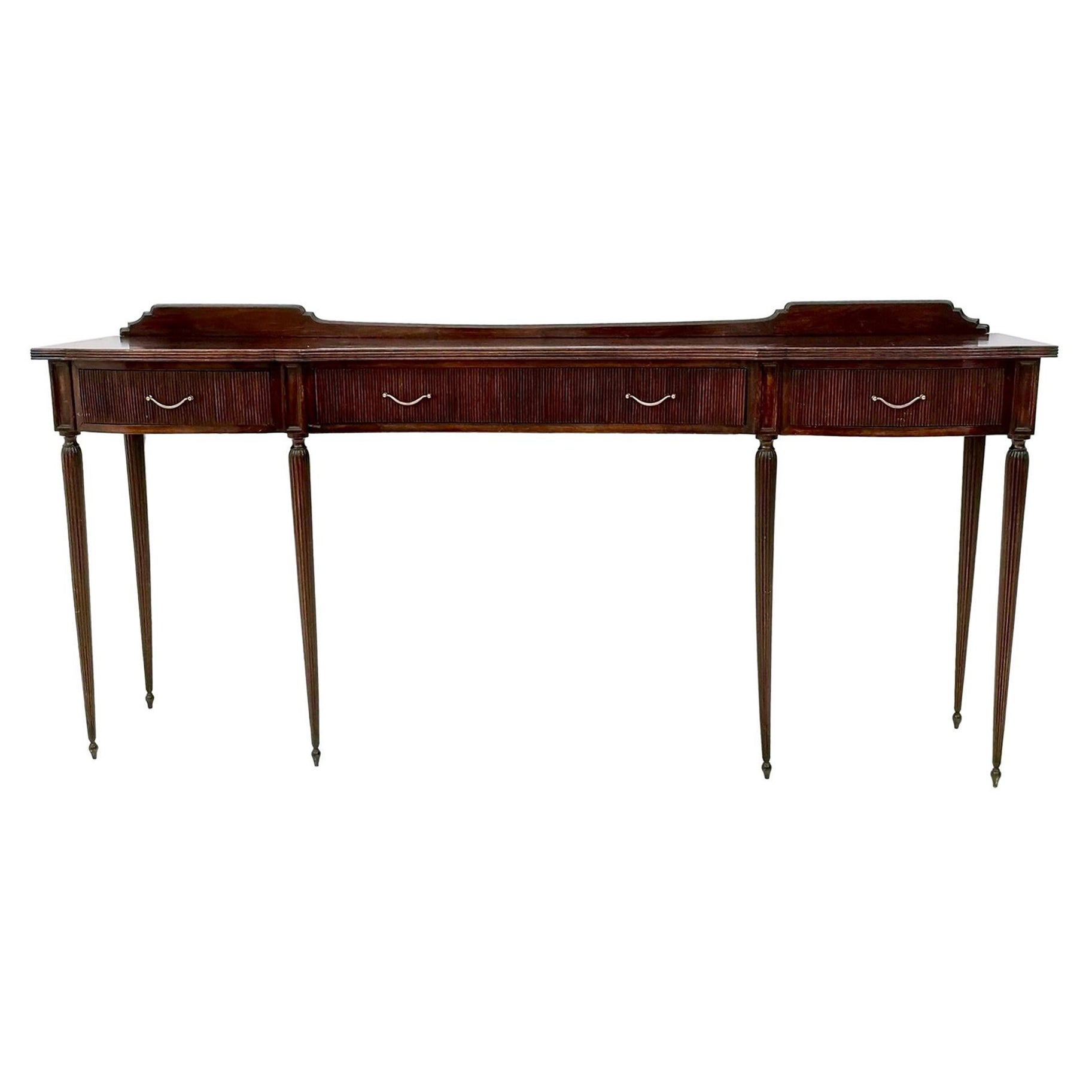 Vintage Large Wooden Console Table with Brass Handles with Four Drawers, Italy