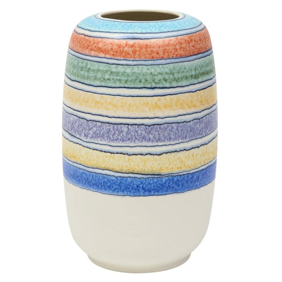 Alvino Bagni Vase for Raymor, Ceramic Stripes, Blue, Yellow, White, Signed