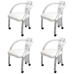S/ 4 Charles Hollis Jones Style Lucite w/ White Leatherette Armchairs on Casters