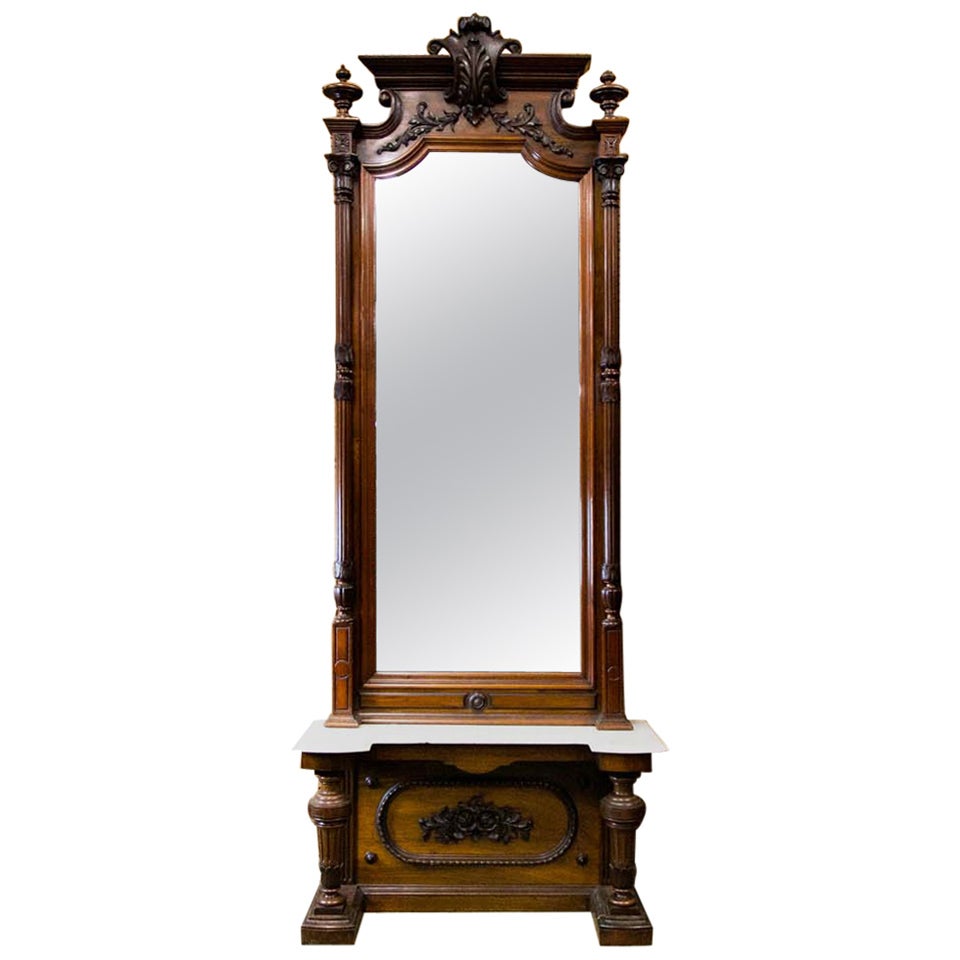 Antique Victorian Eastlake Walnut Pier Hall Mirror with Marble Shelf at