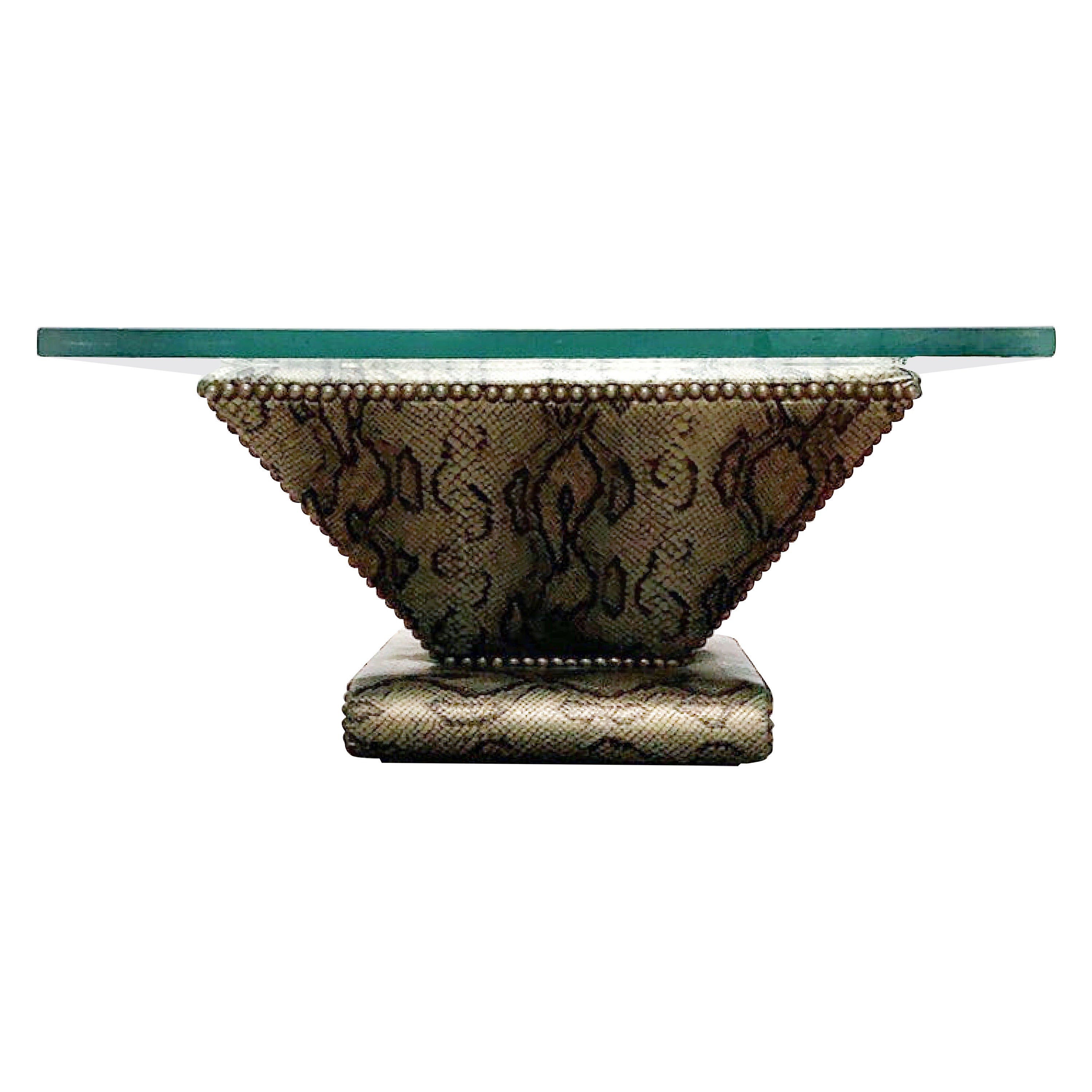 Karl Springer Snake-textured leather (or leatherette) and bronze Regency modern cocktail table. This is an original Karl Springer piece and retains its 