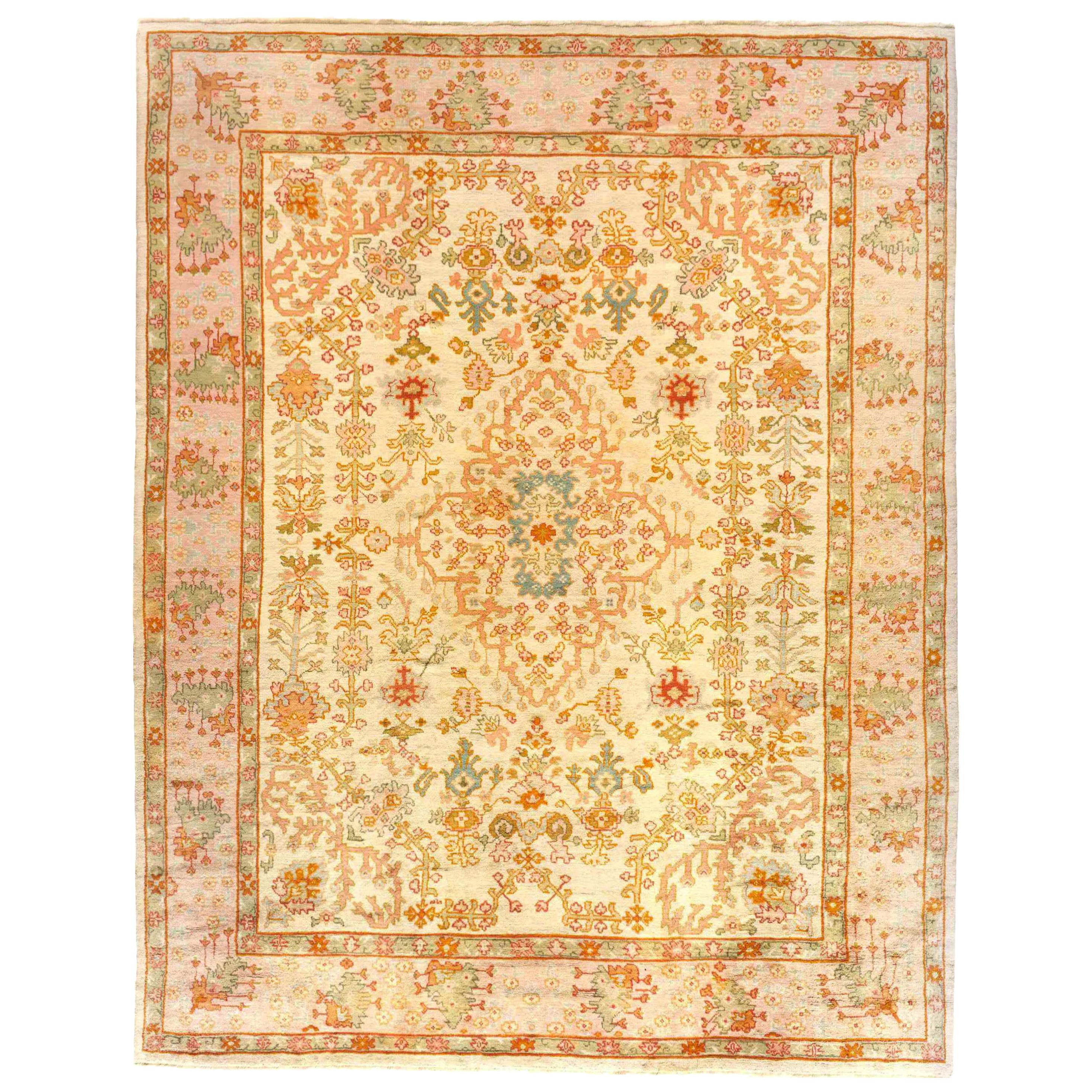 Antique Turkish Oushak Decorative Oriental Carpet, Large Size, with Ivory Field For Sale