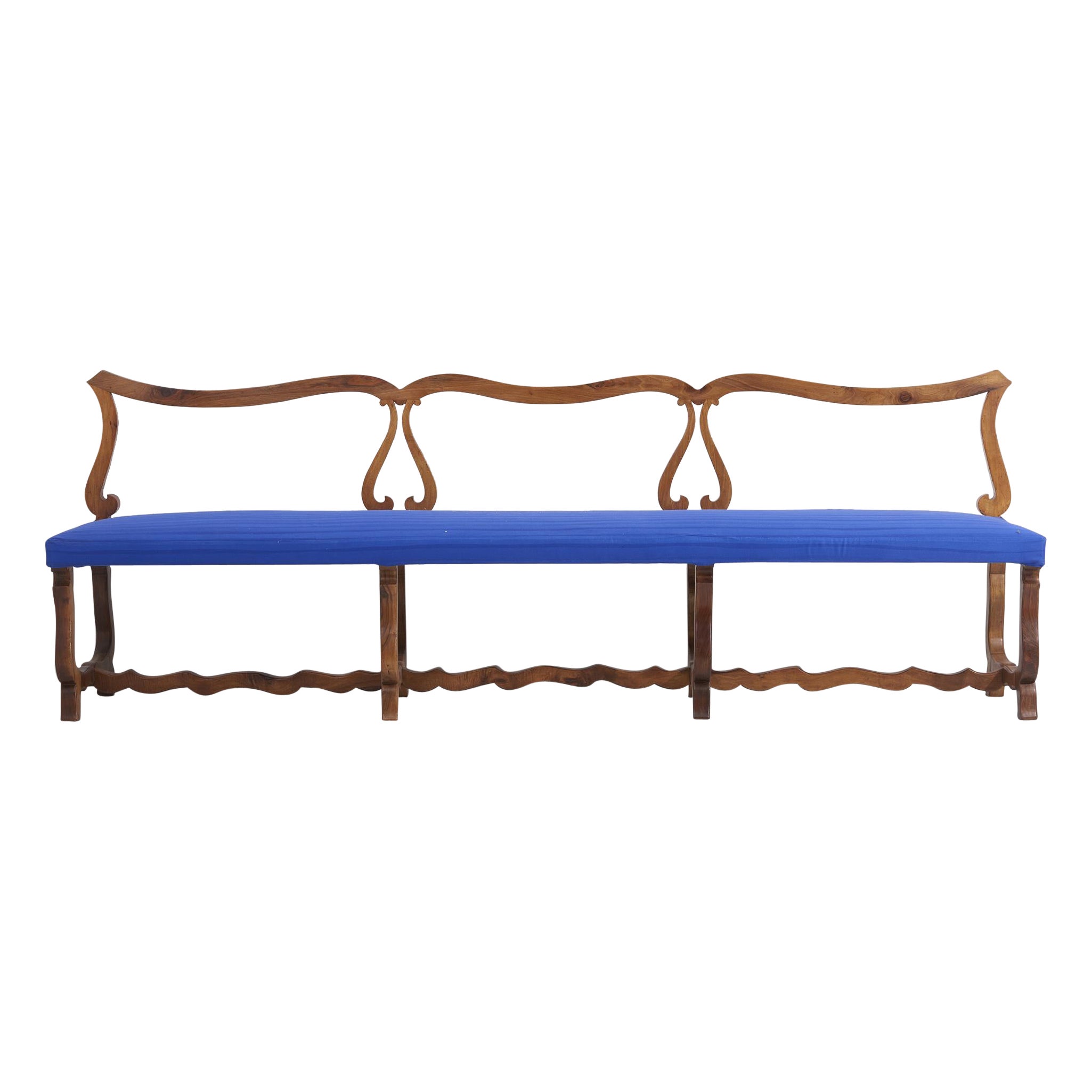 Bench in Spanish Walnut and Blue Dedar Upholstery For Sale