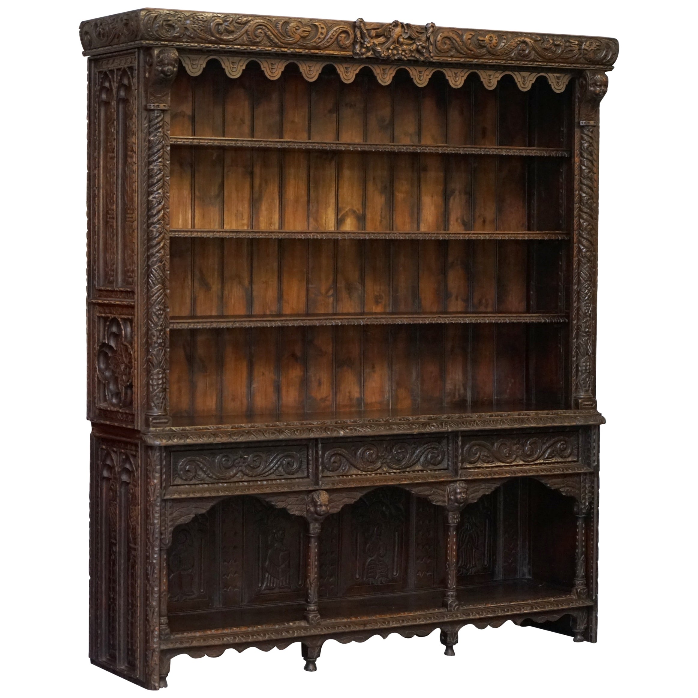 Decorative, Gothic Revival Stained Pine Breakfront Bookcase, circa 1840