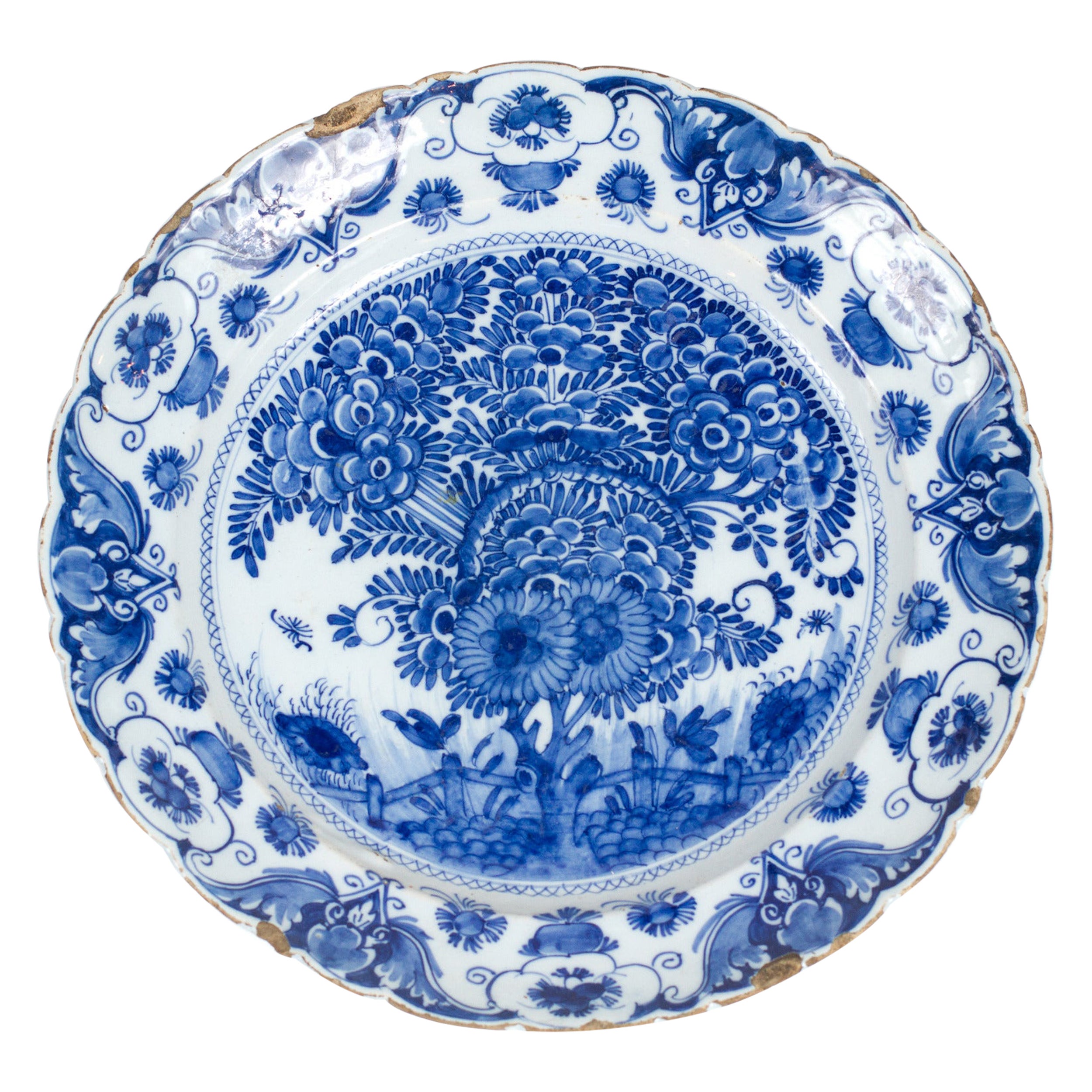 18th Century Blue and White Delft De Klaauw Factory Peacock Charger For Sale