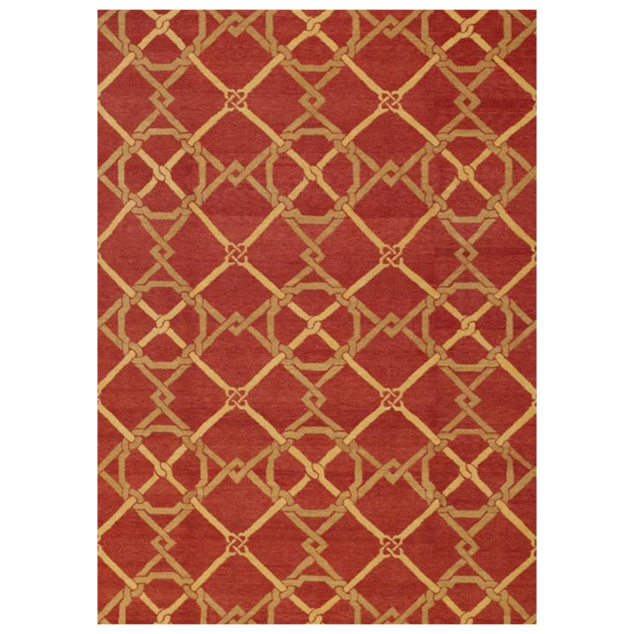 Lujosa alfombra de lana hilada a mano roja / dorada 10'x14' en venta