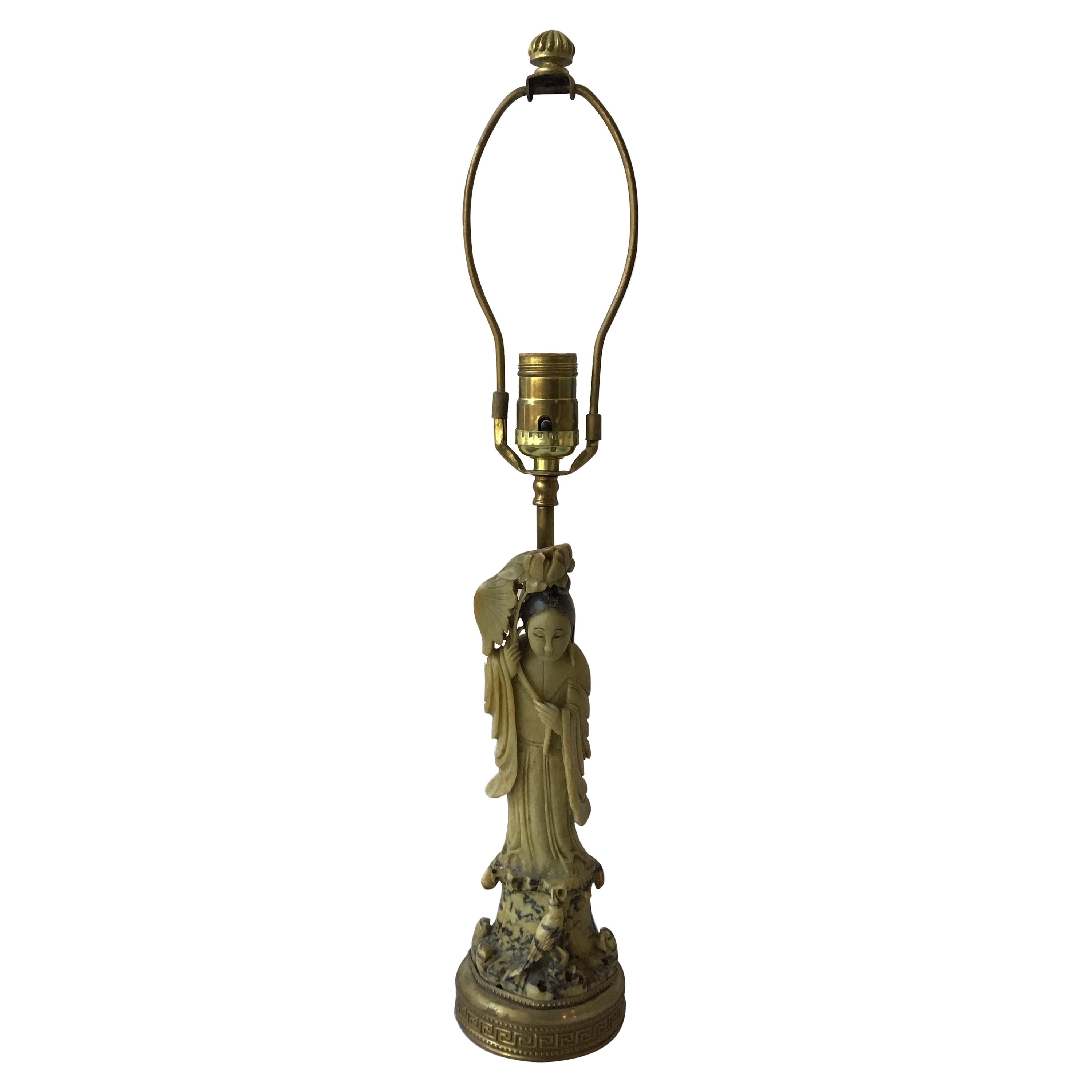 Hand Carved Chinese Soapstone and Bronze Table Lamp For Sale at 1stDibs