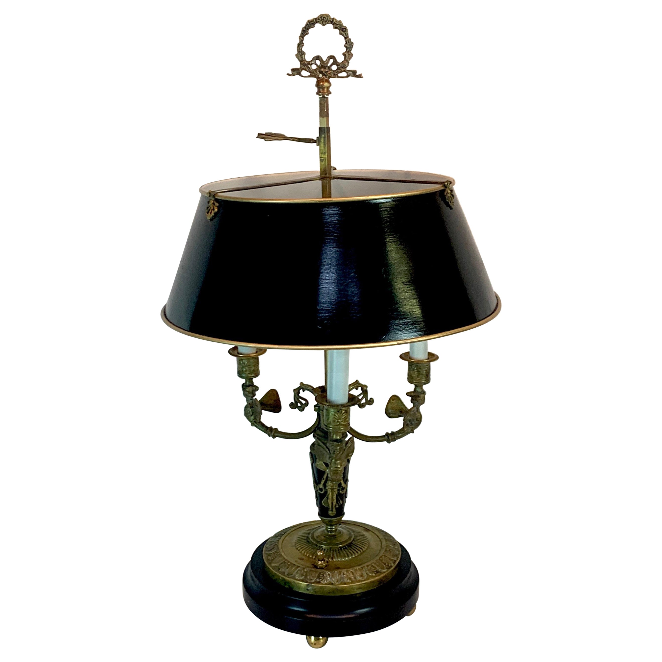 Good Quality French Empire Style Gilt Bronze Bouillotte Lamp with Tole Shade