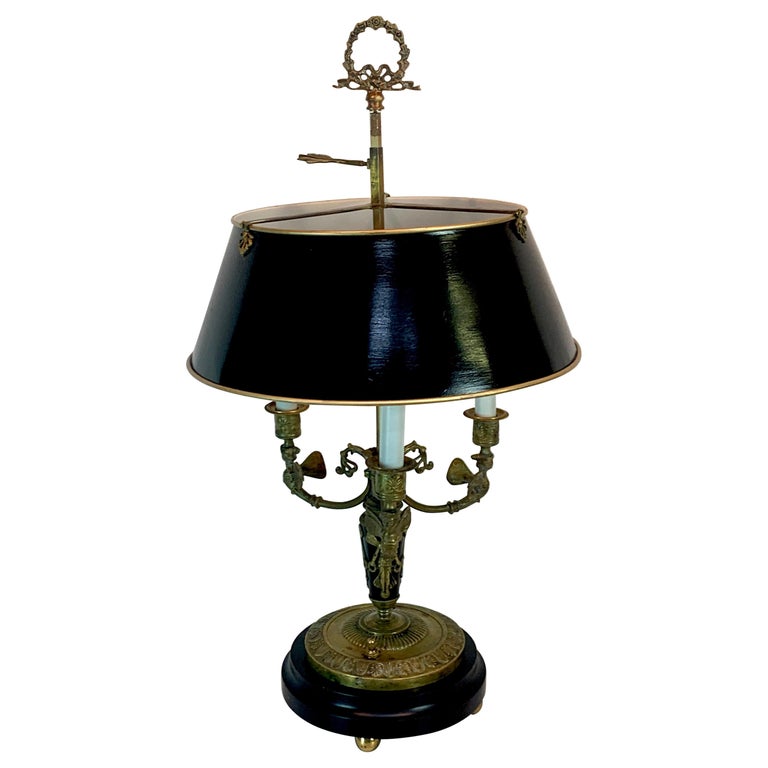 Good Quality French Empire Style Gilt Bronze Bouillotte Lamp with Tole Shade For Sale