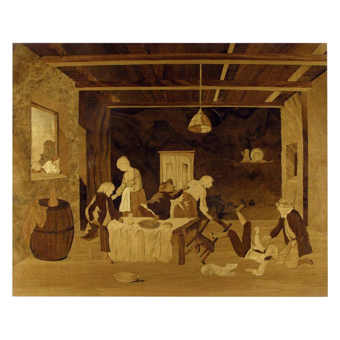 Interior Genre Scene Late-20th Century Italian Wood Inlaid Marquetry Panel For Sale